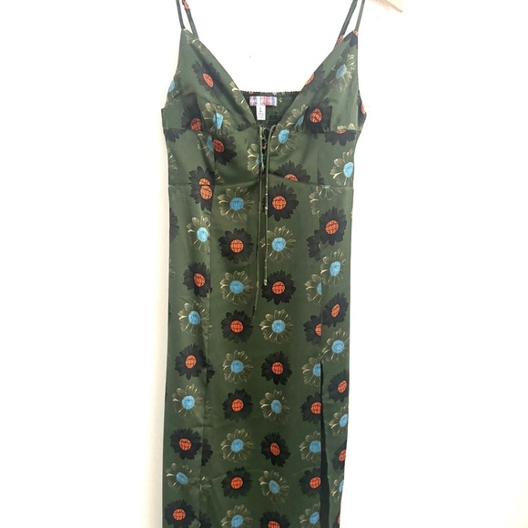 Urban Outfitters Mariah Green Floral Satin Slip Dress Side Slit - Picture 4 of 7